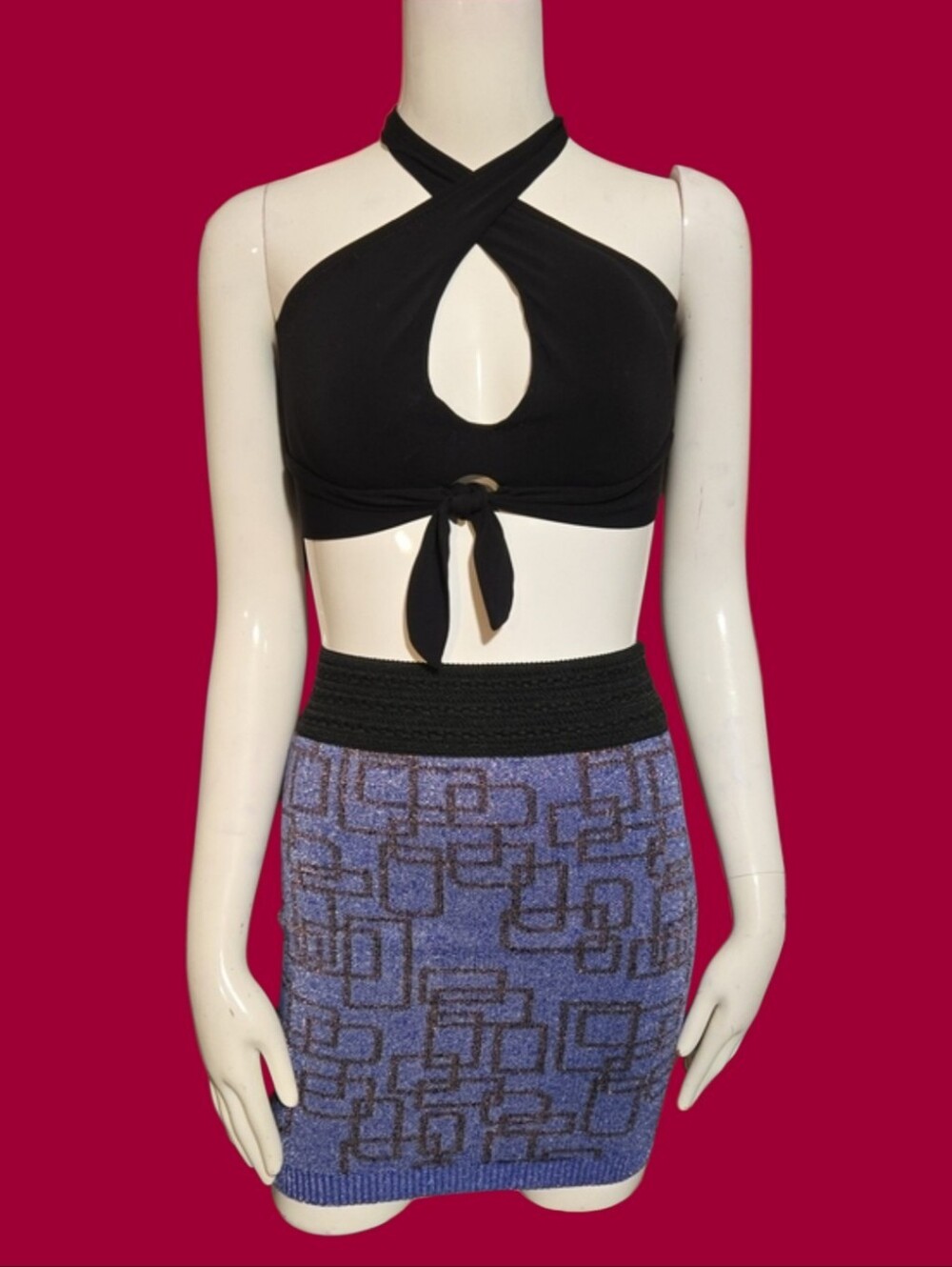 Blue Geometric Knit Mini Skirt with Black Waistband